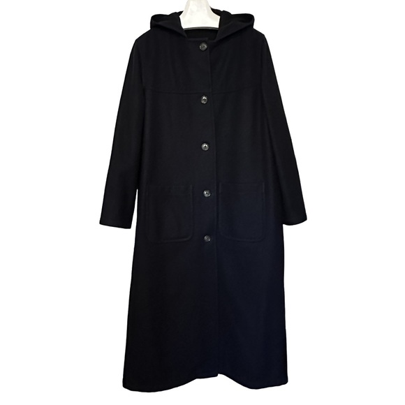 BURBERRY’S | Hooded Navy Blue Button Up Wool Maxi Over Coat Jacket Trench - Picture 7 of 16